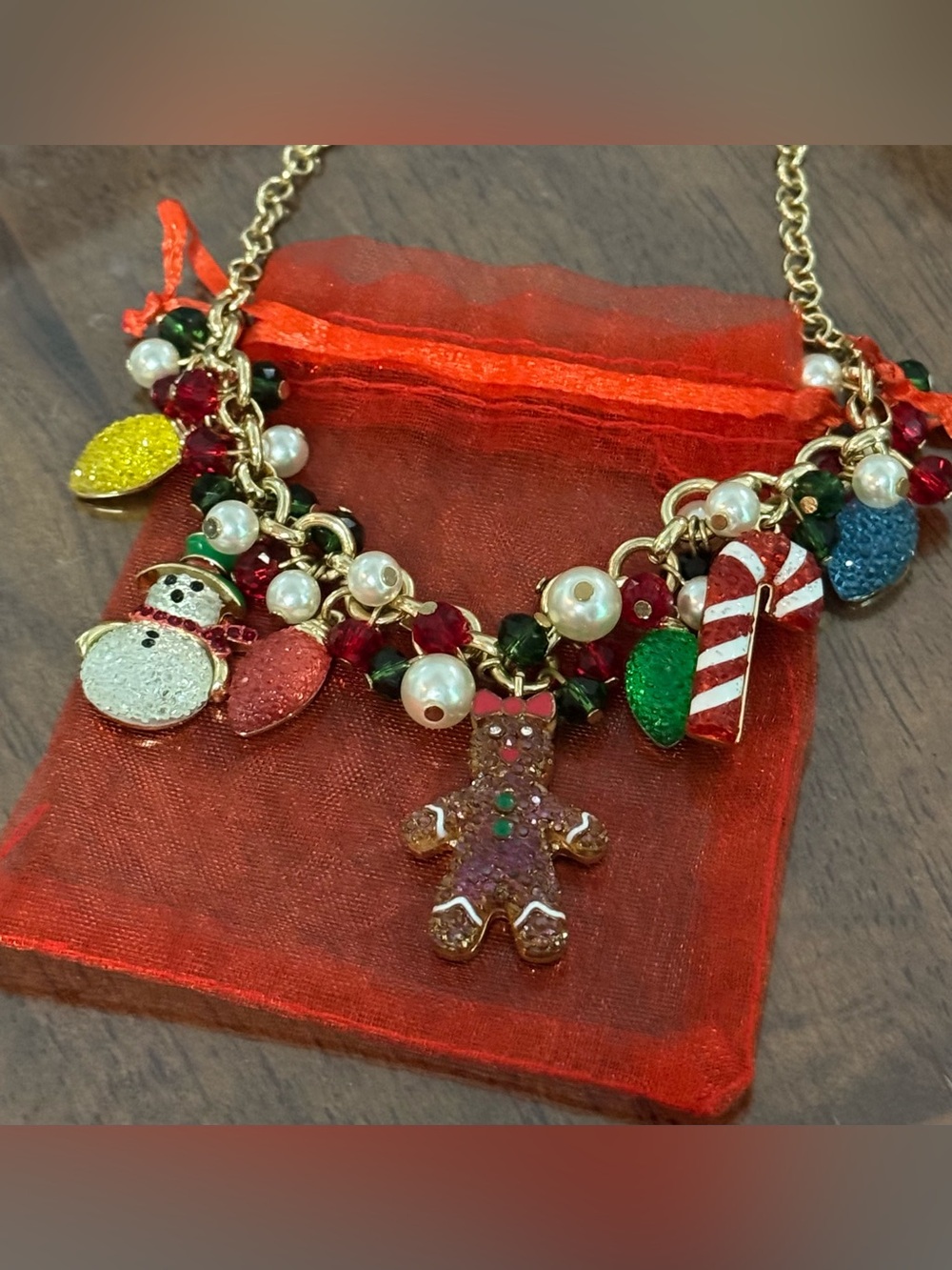 Gold Tone Holiday Charm Gingerbread Man Necklace